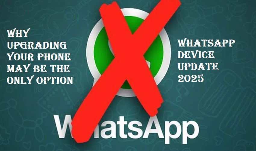 Smartphone displaying WhatsApp update notification with a calendar marked "May 2025" and a warning icon.