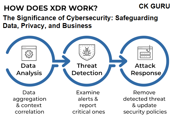 Visual representation of cybersecurity protecting data, privacy, and business with icons like shield, lock, and data streams.