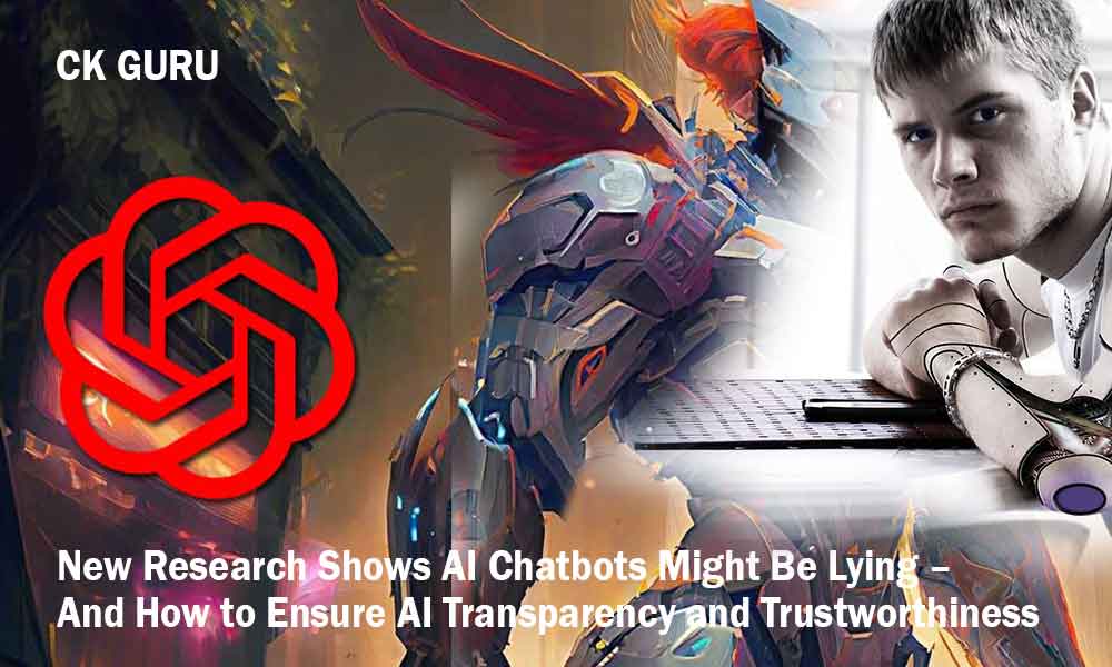 AI chatbot with crossed fingers behind its back, symbolizing deception, alongside researchers analyzing data on screens.