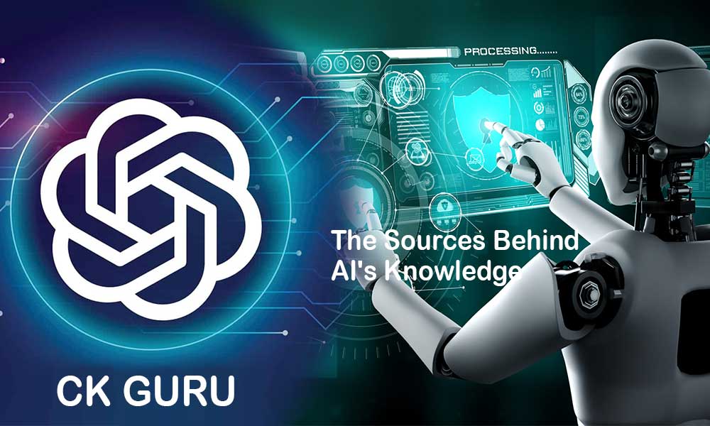 Illustration showing how ChatGPT processes text using AI language models trained on publicly available data like books, websites, and forums, predicting the next word based on context.