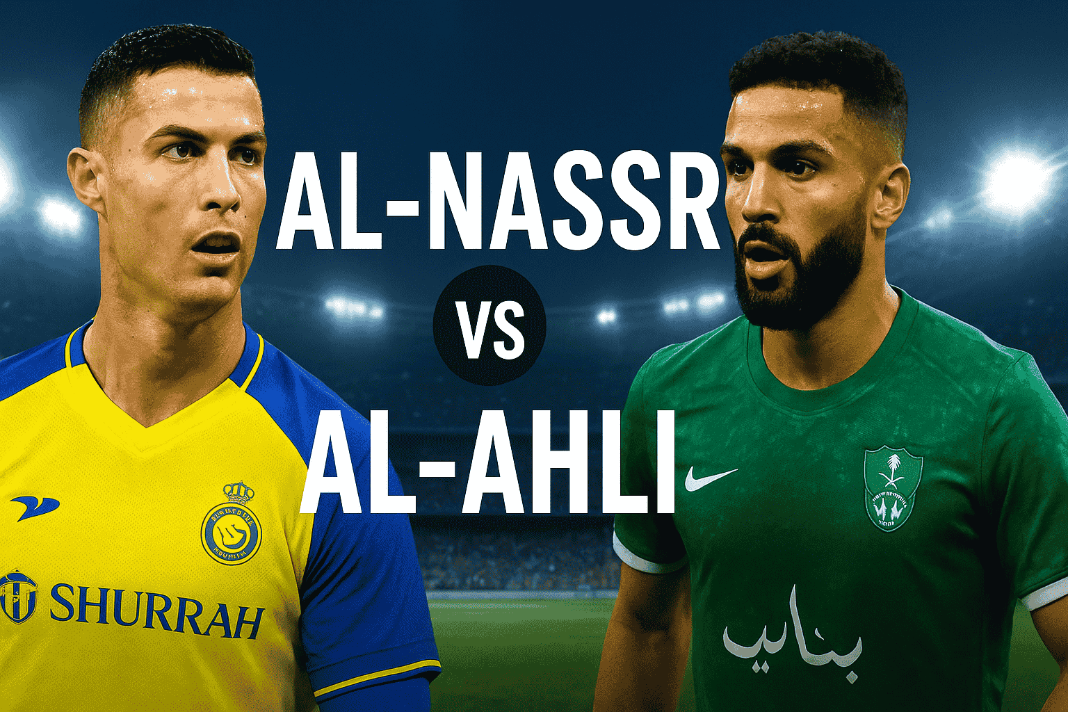 Al-Nassr vs Al-Ahli Saudi Pro League match promotional banner featuring Cristiano Ronaldo and Riyad Mahrez