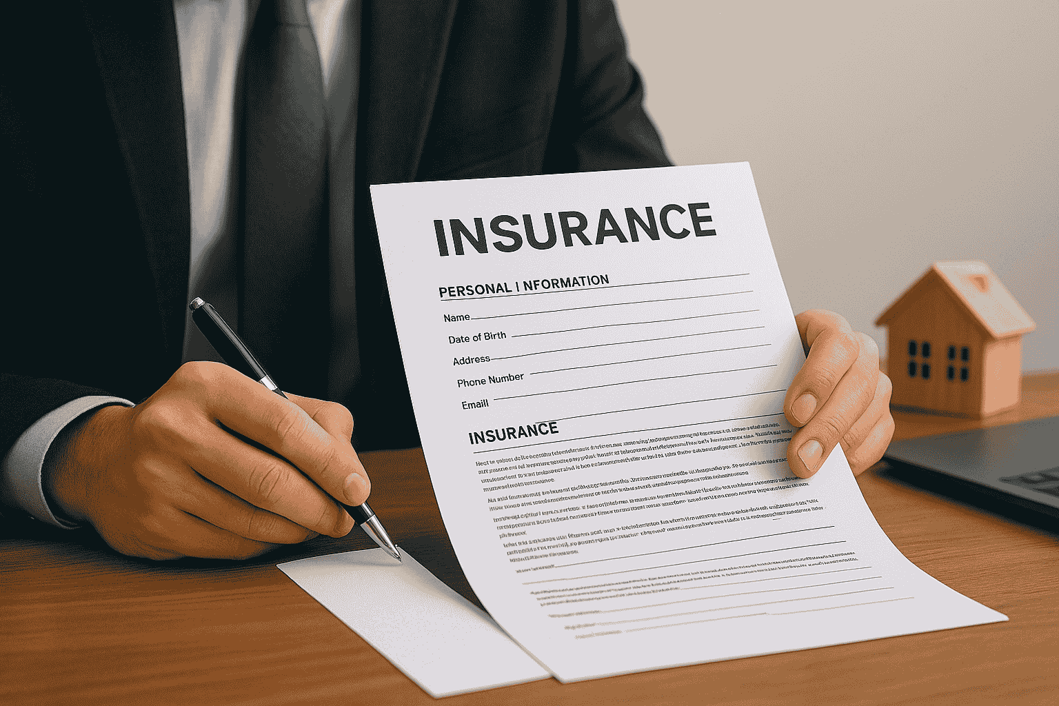 Professional insurance agent explaining auto, home, and vehicle insurance options to a client in an office setting.