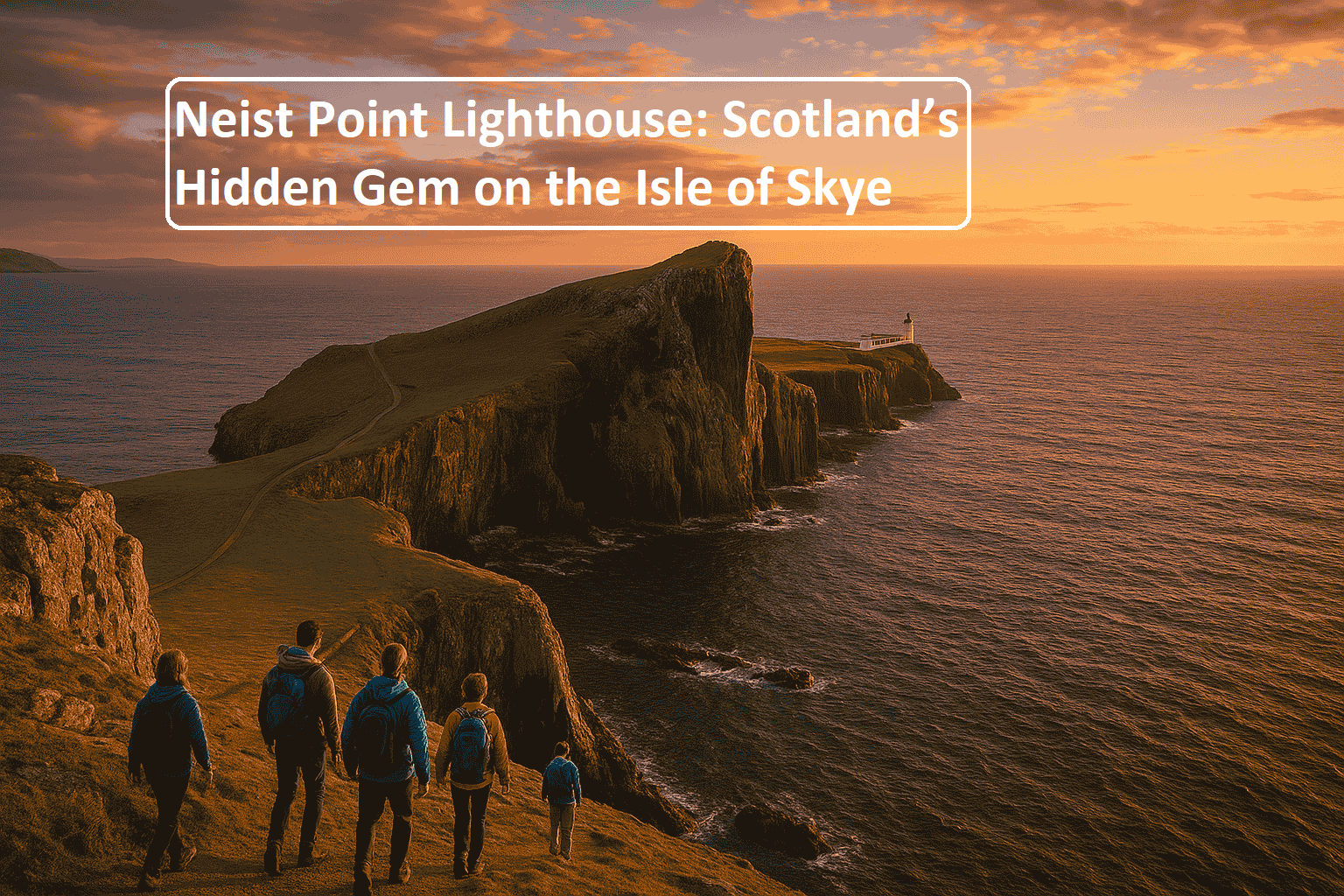 Tourists walking along the cliffs near Neist Point Lighthouse on the Isle of Skye, Scotland, with ocean views at sunset.
