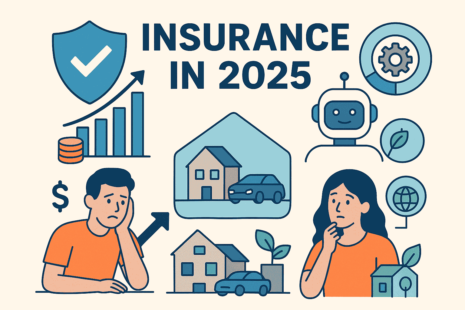 Flat-style infographic showing insurance trends in 2025 with icons of home, car, AI, growth chart, and sustainability elements.