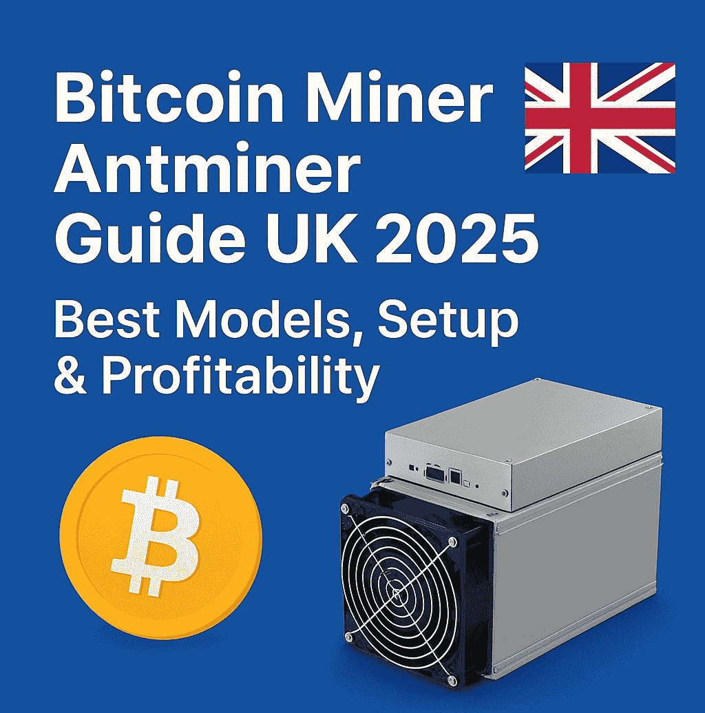Digital illustration showing Bitcoin mining in the UK with UK flag background and mining equipment.
