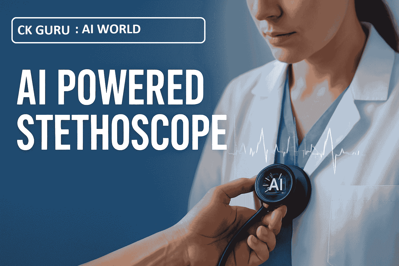 Doctor using AI powered stethoscope in UK healthcare with digital heartbeat graph overlay