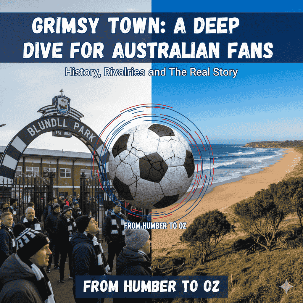 A split image showing Blundell Park stadium entrance with Grimsby Town FC fans on the left, and a sunny Australian beach with waves on the right, with a cracked football icon in the center bridging the two scenes. Text reads "Grimsby Town: A Deep Dive for Australian Fans - History,