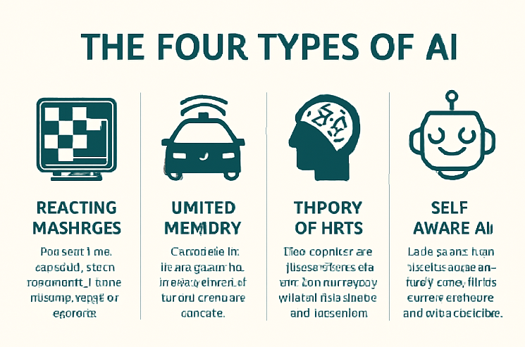 Infographic displaying the four types of AI: Reactive Machines, Limited Memory, Theory of Mind, and Self-Aware AI, with brief descriptions