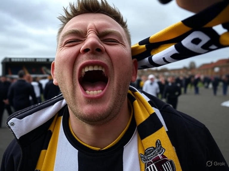 A passionate Grimsby Town FC fan wearing a black and white striped scarf cheers energetically, with a crowd and stadium in the background, alongside an Australian fan in a green and gold jersey, symbolizing the connection between the club and Aussie supporters.