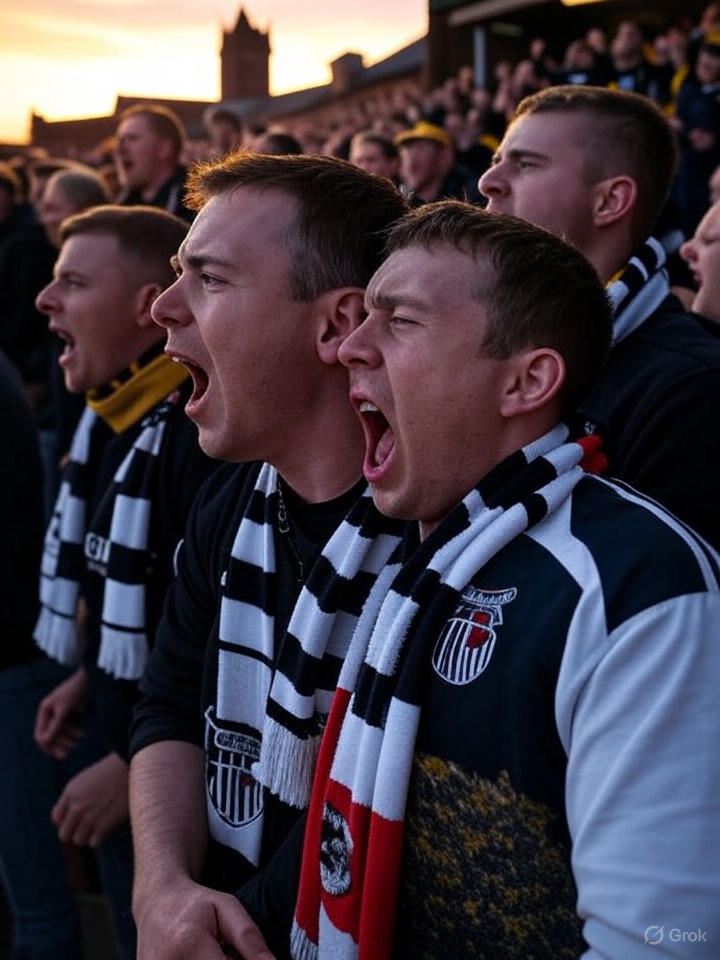 A passionate Grimsby Town FC fan in a black and white striped jersey cheers energetically at sunset near the Humber, with a crowd of supporters waving scarves, capturing the club's gritty and romantic football spirit.