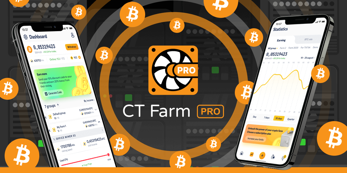 User managing Bitcoin mining farm on CT Farm PRO dashboard via laptop and smartphone