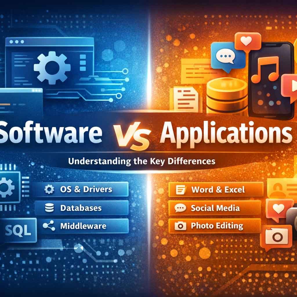 Software vs Applications comparison showing system software, databases, and operating systems contrasted with mobile apps, social media, and productivity applications in a digital illustratio