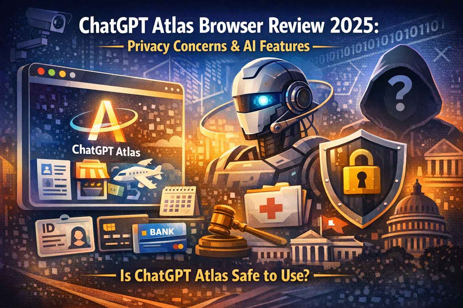 Digital illustration of ChatGPT Atlas Browser 2025 review featuring AI robot, privacy shield, ID and bank icons, calendar, and law gavel, highlighting privacy concerns and AI features