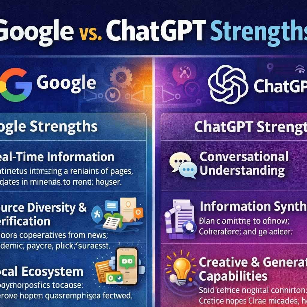 Infographic comparing Google and ChatGPT strengths, highlighting real-time information, source diversity, local search for Google, and conversational understanding, information synthesis, and creative capabilities for ChatGPT