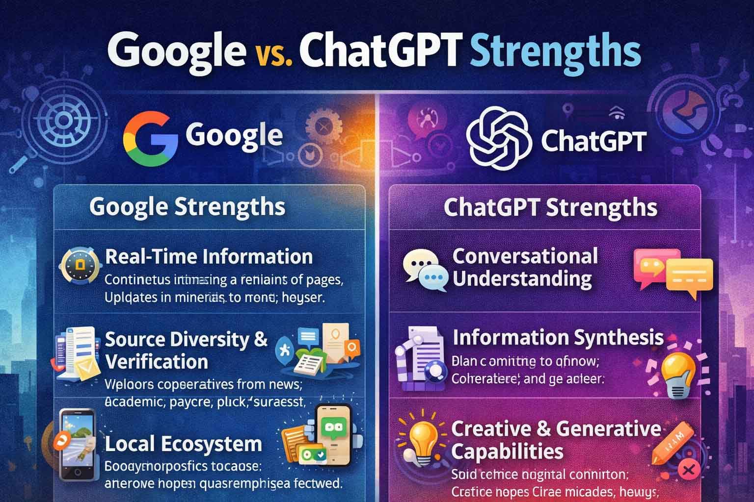 Infographic comparing Google and ChatGPT strengths, highlighting real-time information, source diversity, local search for Google, and conversational understanding, information synthesis, and creative capabilities for ChatGPT