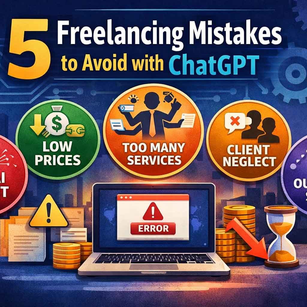 Feature image showing the 5 common ChatGPT freelancing mistakes to avoid including raw AI output, low prices, too many services, client neglect, and outdated skills.