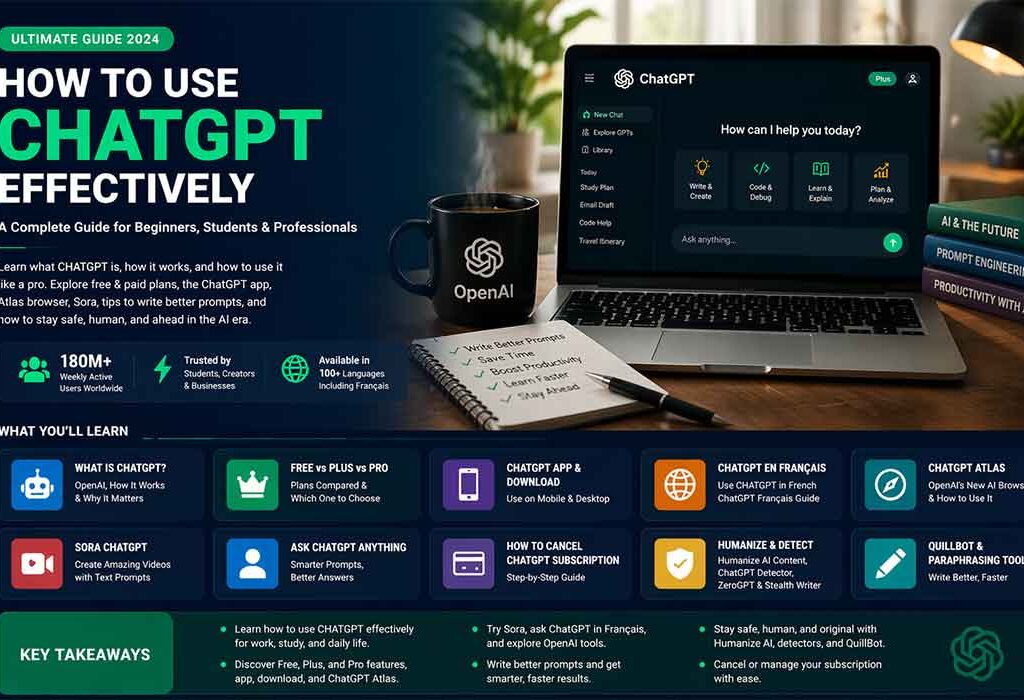 Ultimate guide to using ChatGPT effectively with a professional design, showcasing key topics, laptop displaying ChatGPT interface, coffee mug, and educational books.