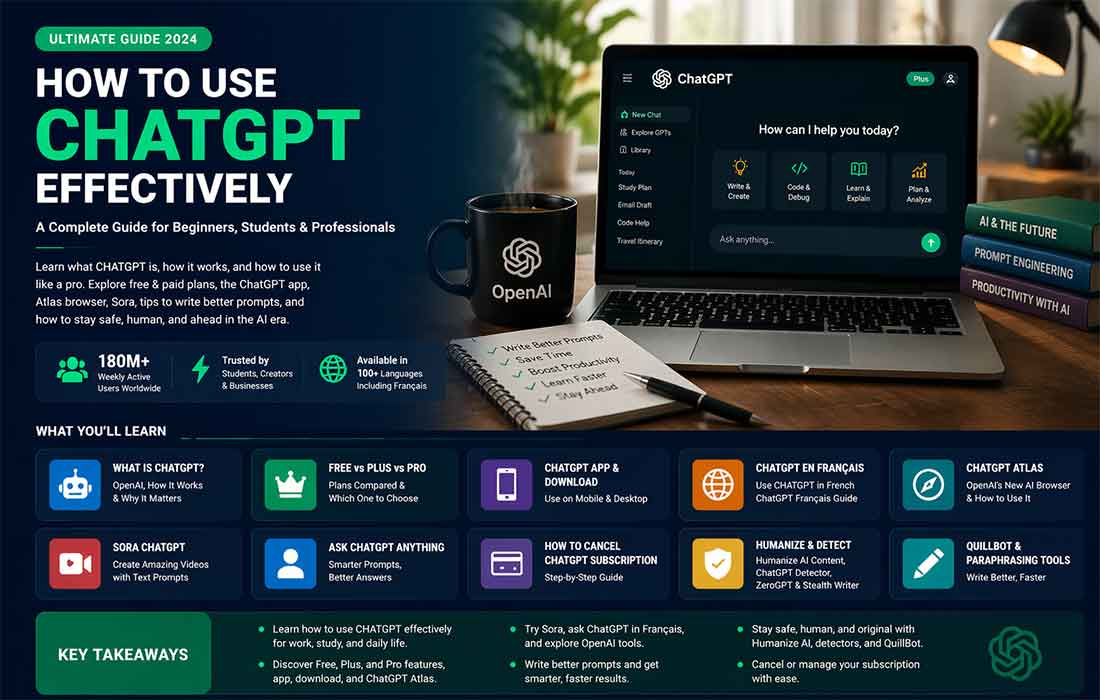 Ultimate guide to using ChatGPT effectively with a professional design, showcasing key topics, laptop displaying ChatGPT interface, coffee mug, and educational books.