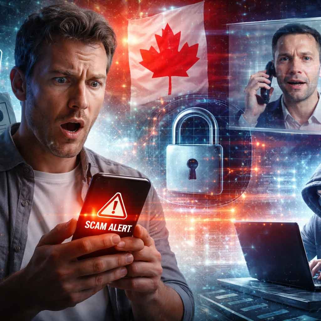 AI-powered fraud and deepfake scam concept in Canada showing cybersecurity threats, hacker activity, and mobile scam alert