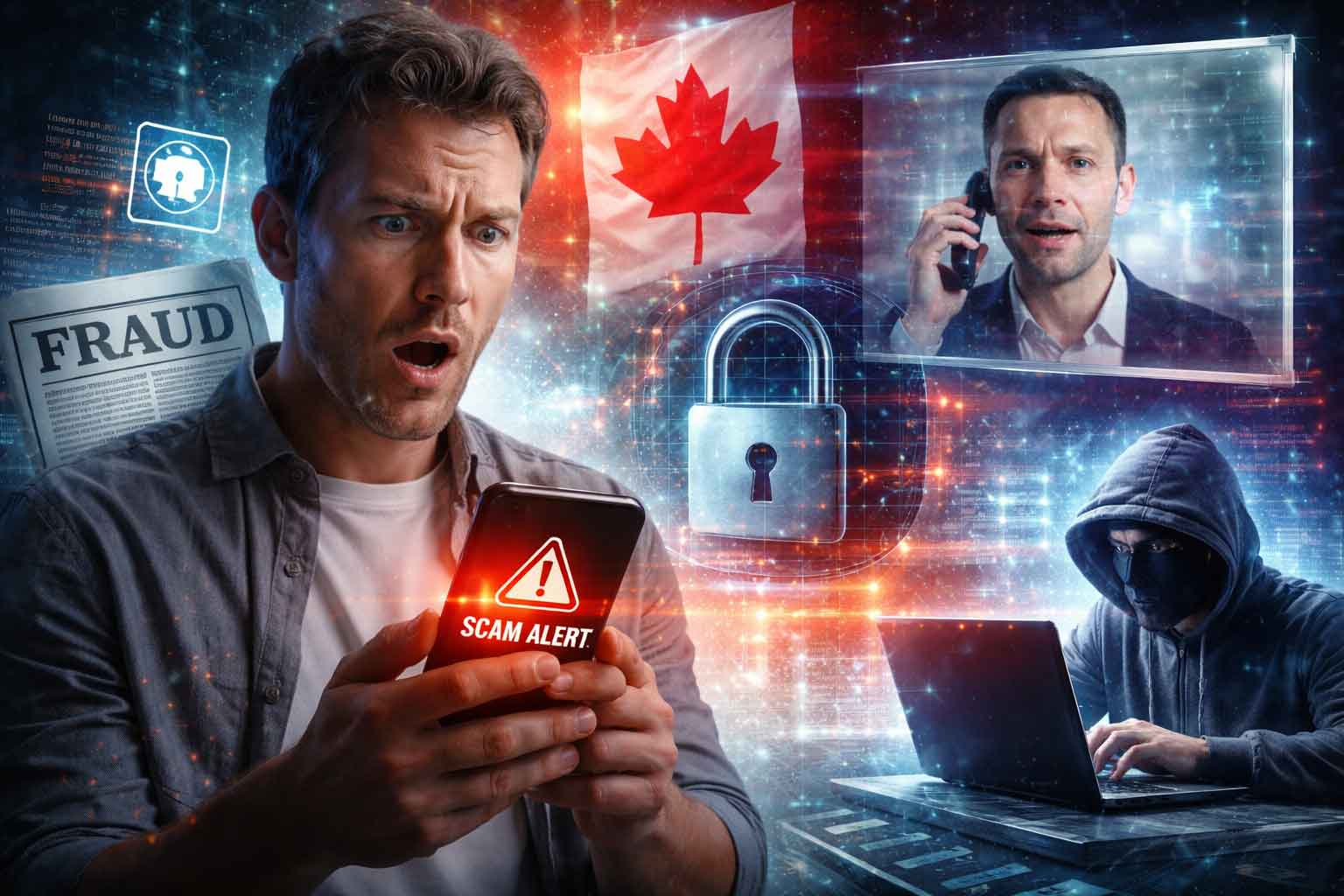 AI-powered fraud and deepfake scam concept in Canada showing cybersecurity threats, hacker activity, and mobile scam alert