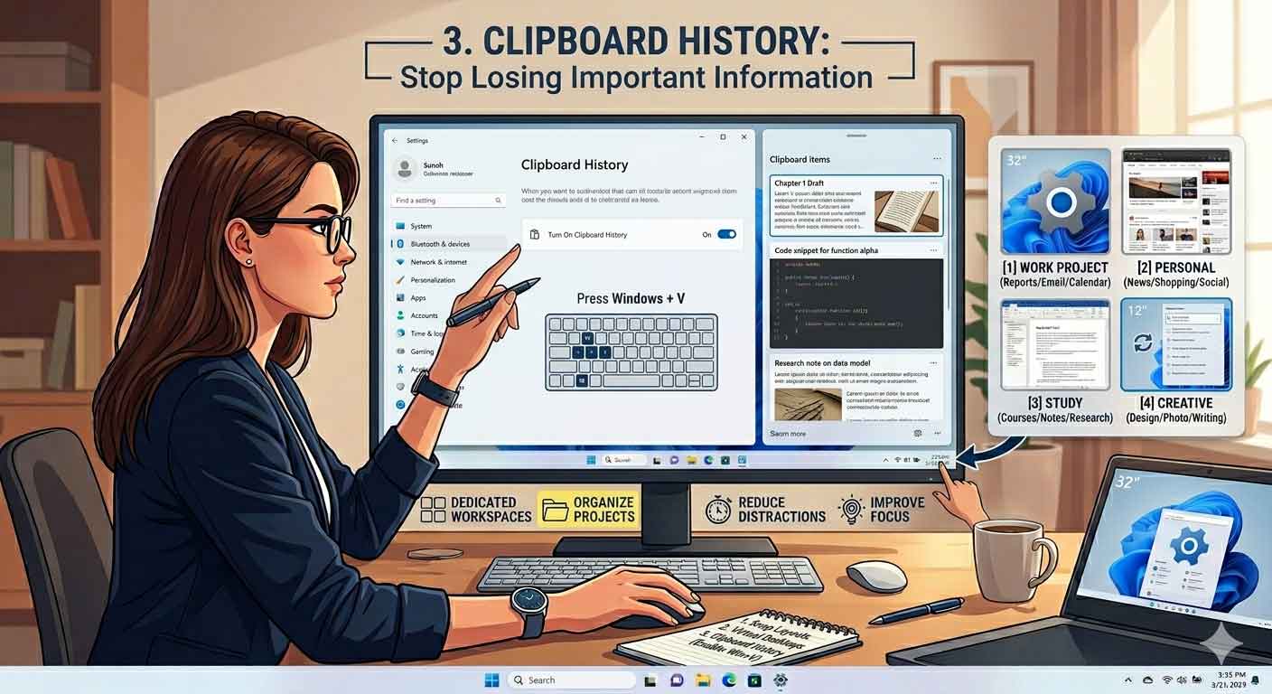 Clipboard History is one of the most underrated productivity features in Windows 11, designed to fix a very common problem—losing important information after copying something new. Instead of storing only the most recent item, Windows now keeps a record of multiple copied entries, allowing you to reuse text, links, and data whenever needed.