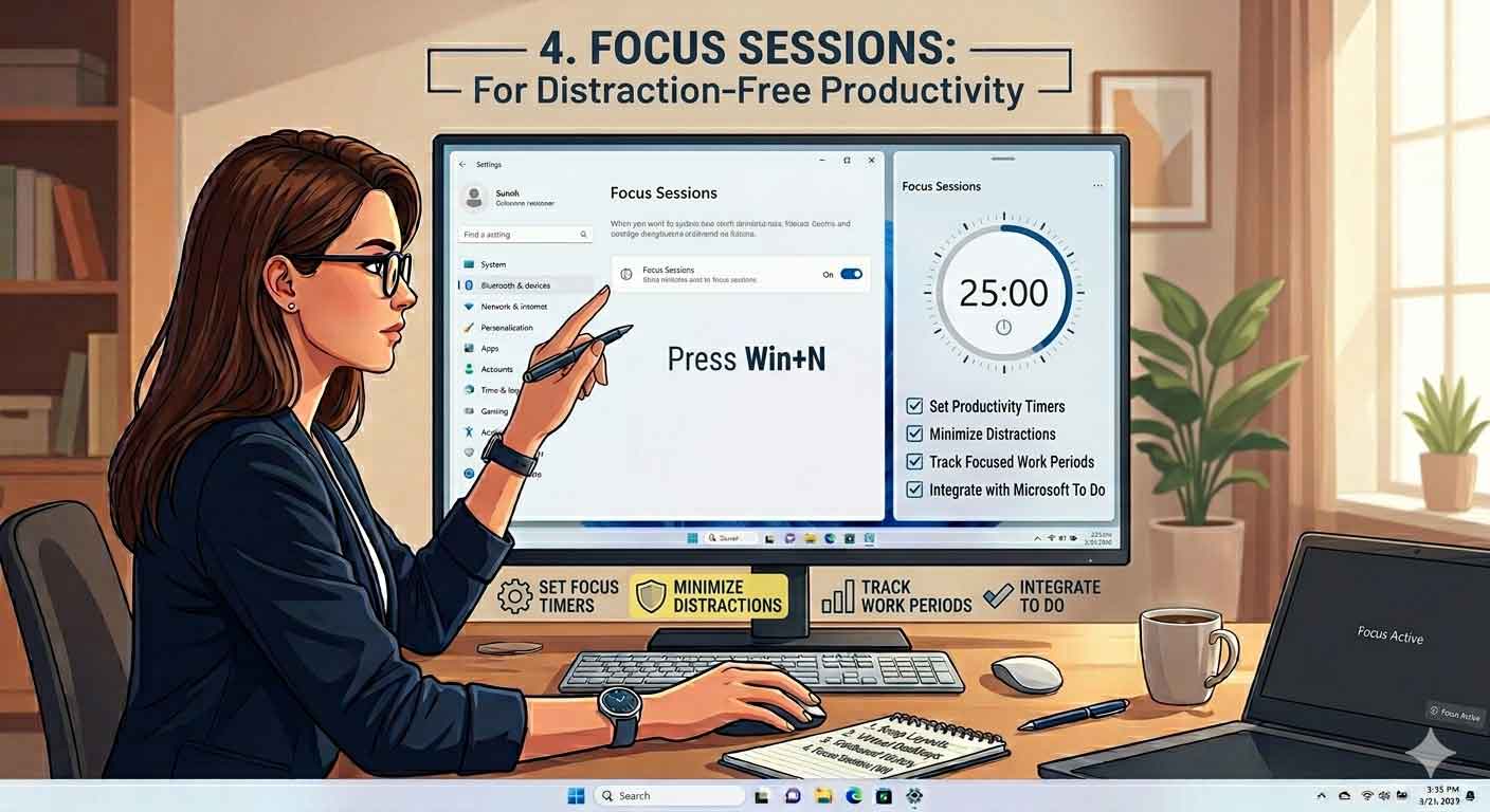 Focus Sessions is one of the most underrated productivity tools in Windows 11, designed specifically to help users stay concentrated in a world full of constant distractions. Instead of just relying on willpower, this feature structures your work into controlled, timed sessions that encourage deep focus and consistent progress.