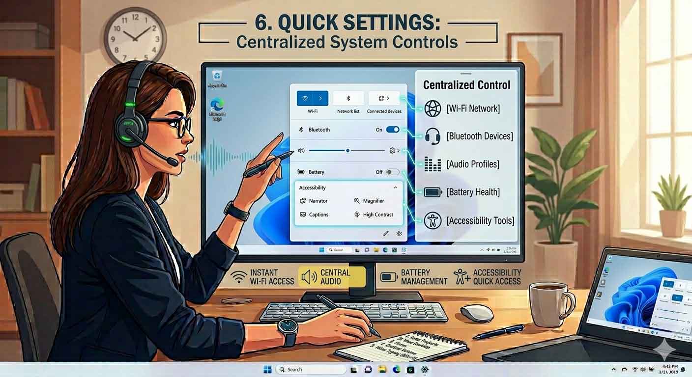 Quick Settings Panel in Windows 11 is a streamlined control hub that gives you instant access to the most commonly used system functions. Instead of digging through multiple settings menus, you can manage essential controls in just a few clicks, making everyday system adjustments much faster and more efficient.