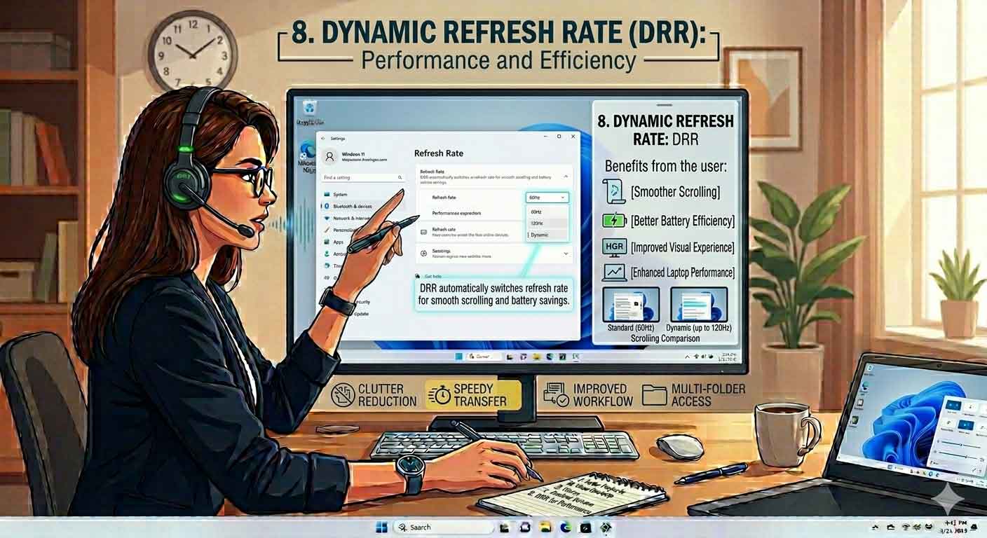 Dynamic Refresh Rate (DRR) is one of the more advanced but often overlooked performance features in Windows 11. It allows the system to automatically adjust your display’s refresh rate based on what you are doing, helping balance smooth visual performance with better power efficiency.Instead of running your screen at a constant high refresh rate all the time, Windows 11 intelligently switches between higher and lower rates depending on activity. For example, it may use a higher refresh rate when you are scrolling or gaming, and lower it when you are viewing static content like documents or emails. Benefits of Dynamic Refresh Rate: Smoother scrolling and animations during active use Better battery efficiency on laptops and portable devices Improved overall visual experience with reduced lag or stutter Enhanced performance balance between speed and power consumption Reduced unnecessary GPU and display workload Why Dynamic Refresh Rate matters: High-refresh-rate displays (such as 120Hz or higher) offer smoother visuals, but they also consume more power when running at full capacity all the time. DRR solves this problem by intelligently adapting in real time, ensuring you only use high refresh rates when they are actually needed. For example, while reading a document or staying on a static webpage, Windows can lower the refresh rate to conserve battery. But when you start scrolling, switching windows, or playing supported content, it immediately increases the refresh rate for a smoother experience. Productivity and performance impact: Extends battery life on laptops without sacrificing usability Provides fluid motion when navigating apps and web pages Reduces unnecessary strain on hardware components Delivers a more responsive feel during multitasking and media use Overall, Dynamic Refresh Rate makes Windows 11 smarter and more efficient by optimizing display performance in real time. It’s especially valuable for users with modern high-refresh-rate laptops or monitors who want both smooth visuals and longer battery life without manual adjustments.
