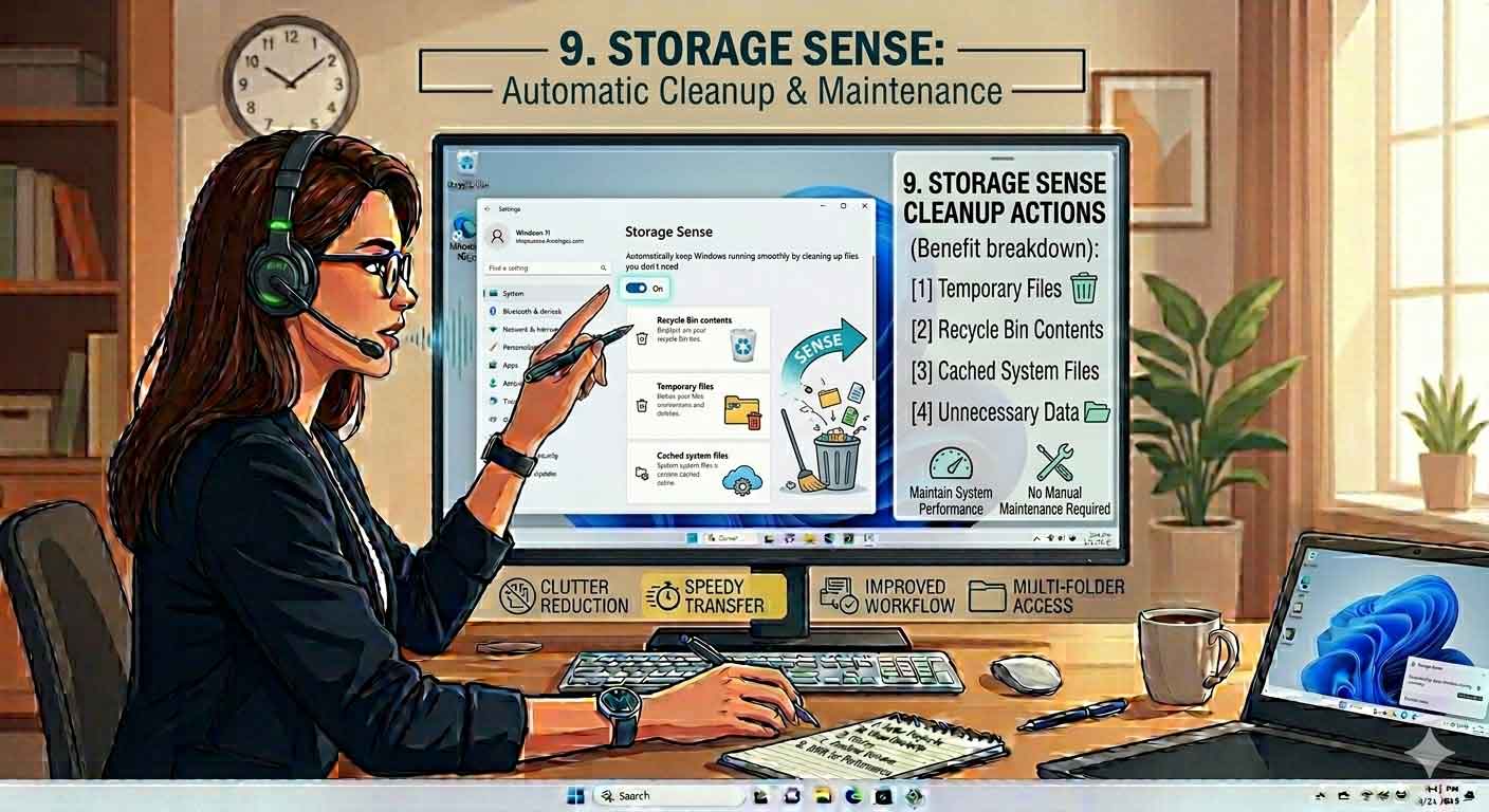 Storage Sense is a built-in Windows 11 maintenance feature designed to automatically free up disk space and keep your system running smoothly without constant manual cleanup. Instead of waiting for your storage to fill up and slow down your PC, Storage Sense quietly manages unnecessary files in the background.